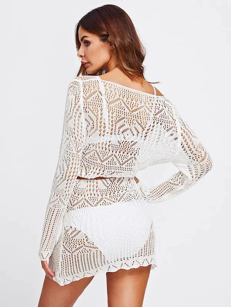 Summer Sexy Lace Crochet Beach Dress Women White See through Swimwear Swimsuit Cover up Mini Dresses